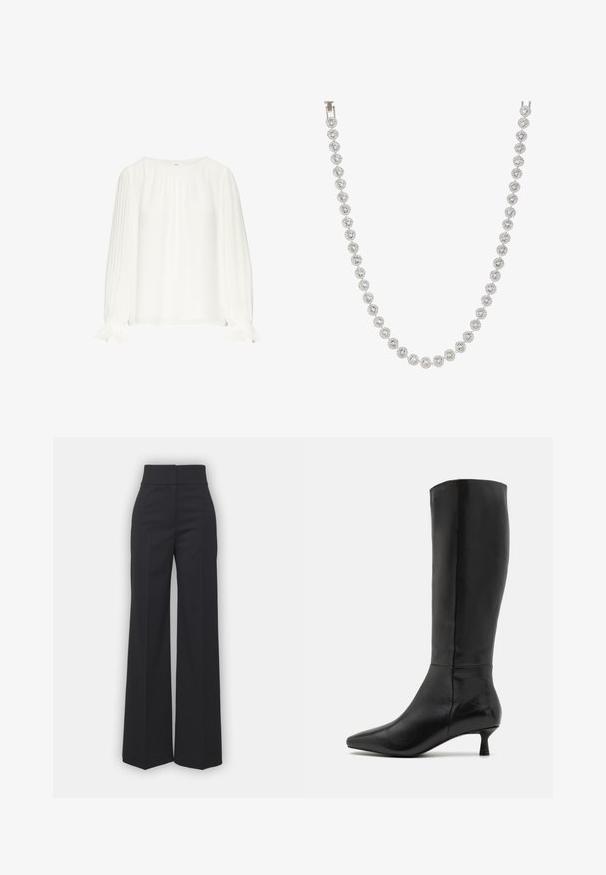 Burgunderfarbener Blazer mit Reverskragen, zwei Knöpfen und zwei vorderen Taschen. Glattes Material mit strukturierter Passform und minimalen Details.; Weiße Bluse aus leichtem Stoff, mit langen, gefältelten Ärmeln und gerafftem Ausschnitt. Die Manschetten haben ein gewelltes Design für zusätzlichen Detailreichtum.; Weite Hosen aus schwarzem Stoff mit hohem Bund, die eine saubere Verarbeitung und glatte Textur aufweisen. Keine sichtbaren Beschläge oder Muster.; Zign Stiefel - black; Silberne Halskette mit runden, klaren Edelsteinen in einem kreisförmigen Design, abwechselnd mit dekorativen Metallelementen, glatte Oberfläche.