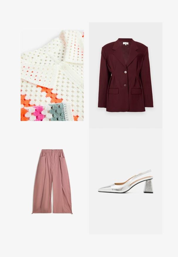 Blazer bordeaux avec revers en pointe, deux boutons et deux poches frontales. Tissu lisse avec une coupe structurée et des détails minimaux.; Un polo en crochet blanc avec un design en maille ouverte, complété par des accents orange, rose et gris ; il comprend un col à boutons et un tissu texturé.; Pantalons amples à taille haute en tissu rose doux. Comprend une taille élastique, deux poches latérales et une finition lisse et texturée.; Pompe argentée à talon slingback avec un bout pointu, une finition métallique texturée et un talon bloc triangulaire. L'intérieur présente des détails en cuir marron.