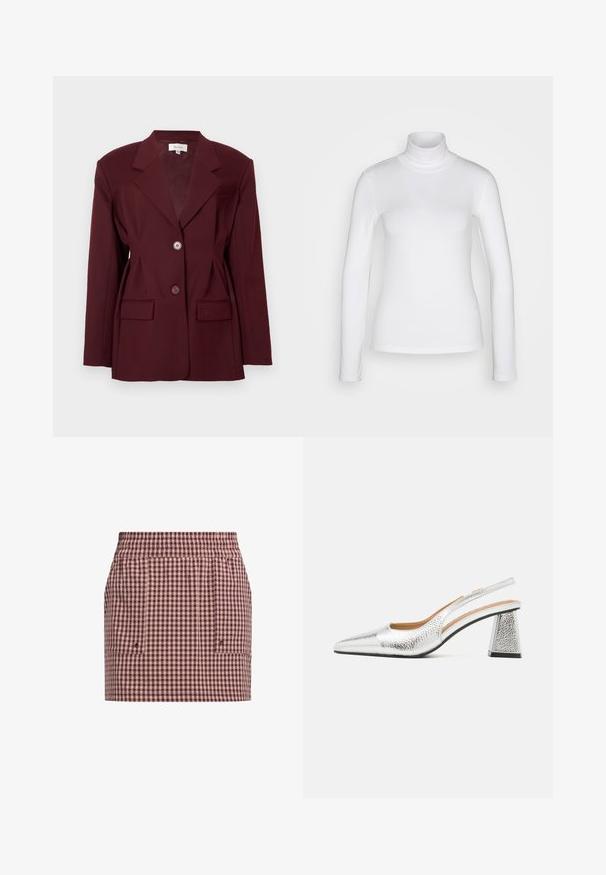 Burgundy blazer with notched lapels, two buttons, and two front pockets. Smooth fabric with a structured fit and minimal detailing.; White long-sleeve turtleneck shirt made from a smooth, stretchy fabric. Features a snug fit and a high collar. No visible patterns or accents.; Gingham-patterned skirt in shades of burgundy and beige, featuring an elastic waistband and side pockets for functionality.; Silver slingback pump with a pointed toe, textural metallic finish, and a triangular block heel. Interior features brown leather details.