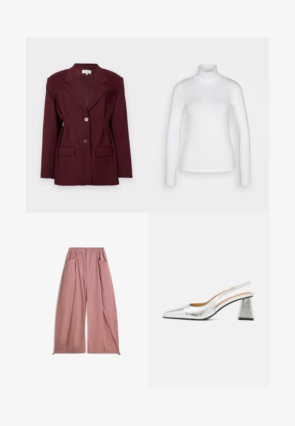 Blazer bordeaux con rever a punte, due bottoni e due tasche frontali. Tessuto liscio con una vestibilità strutturata e dettagli minimi.; Maglione bianco a maniche lunghe con collo alto, realizzato in un tessuto liscio e elastico. Presenta una vestibilità aderente e un colletto alto. Nessun motivo o accento visibile.; Pantaloni a vita alta e ribelli, realizzati in morbido tessuto rosa pallido. Caratterizzati da una cintura elastica, due tasche laterali e una finitura liscia e strutturata.; Pump slingback argento con punta affusolata, finitura metallica testurizzata e tacco a blocco triangolare. Gli interni presentano dettagli in pelle marrone.