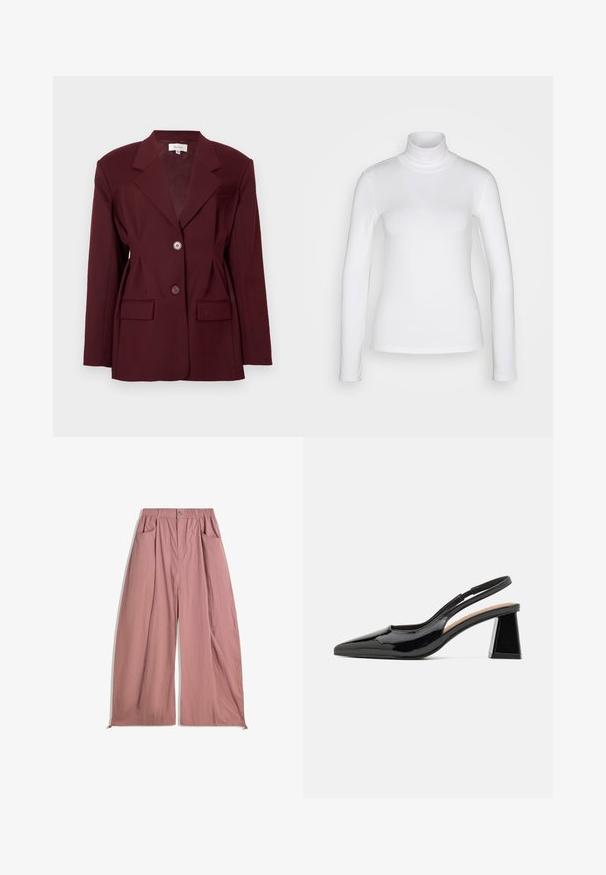 Burgundská sako s klopovými límci, dvěma knoflíky a dvěma předními kapsami. Hladká tkanina s strukturovaným střihem a minimálními detaily.; Bílý dlouhý rukáv rolák vyrobený z hladkého, pružného materiálu. Má těsný střih a vysoký límec. Žádné viditelné vzory ani akcenty.; Volné kalhoty s vysokým pasem vyrobené z jemného růžového materiálu. Obsahují elastický pas, dvě boční kapsy a hladký, texturovaný povrch.; Černé lakované lodičky na podpatku se špičatou špičkou, které mají jedinečný geometrický blokový podpatek a hladkou strukturu. Nastavitelný pásek pro podporu.