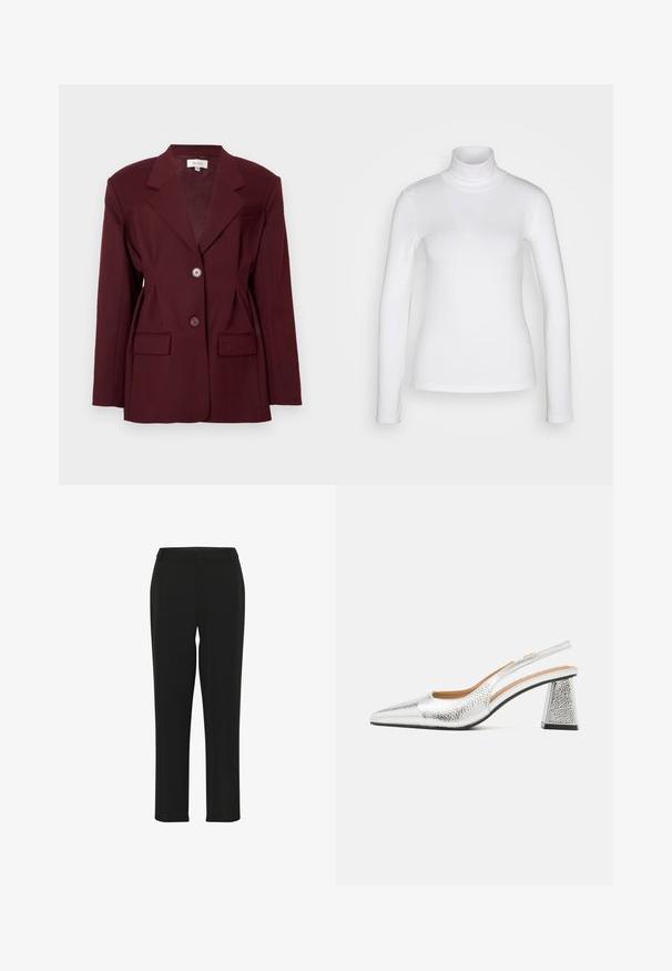Burgundi színű blézer, kis csúcsos hajtókával, két gombbal és két elülső zsebbel. Sima anyag, strukturált szabás, minimális részletezéssel.; Fehér, hosszú ujjú garbó póló, sima, rugalmas anyagból készült. Szoros illeszkedésű és magas gallérral rendelkezik. Nincsenek látható minták vagy díszítések.; Fekete nadrág, egyenes szabású, sima textúrával, illeszkedő derékkal, díszítések vagy minták nélkül.; Ezüst szíjú pumpa hegyes orral, texturált fémborítással és háromszögletű tömbsarkú kialakítással. A belső része barna bőrdíszítéssel rendelkezik.
