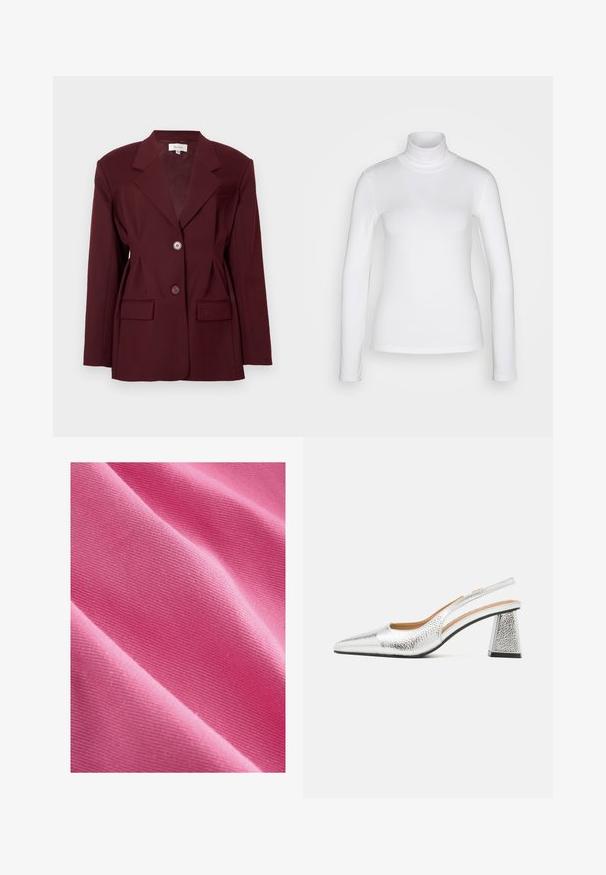 Blazer bordeaux con rever a punte, due bottoni e due tasche frontali. Tessuto liscio con una vestibilità strutturata e dettagli minimi.; Maglione bianco a maniche lunghe con collo alto, realizzato in un tessuto liscio e elastico. Presenta una vestibilità aderente e un colletto alto. Nessun motivo o accento visibile.; Tessuto di cotone rosa con una superficie liscia, che mostra una piega diagonale che rivela il motivo della trama e una colorazione uniforme in tutto il tessuto.; Pump slingback argento con punta affusolata, finitura metallica testurizzata e tacco a blocco triangolare. Gli interni presentano dettagli in pelle marrone.