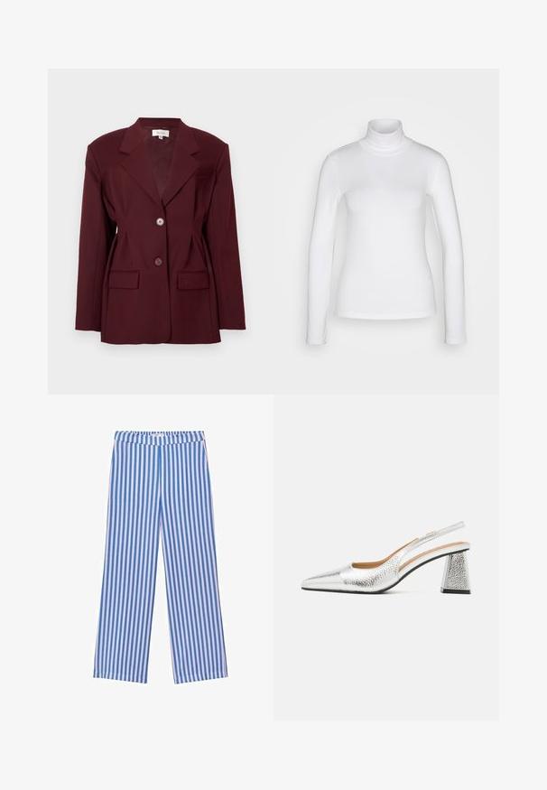 Burgundy blazer with notched lapels, two buttons, and two front pockets. Smooth fabric with a structured fit and minimal detailing.; White long-sleeve turtleneck shirt made from a smooth, stretchy fabric. Features a snug fit and a high collar. No visible patterns or accents.; Blue and white striped wide-leg pants with a stretchy waistband, made from soft fabric, featuring vertical stripes of varying widths.; Silver slingback pump with a pointed toe, textural metallic finish, and a triangular block heel. Interior features brown leather details.