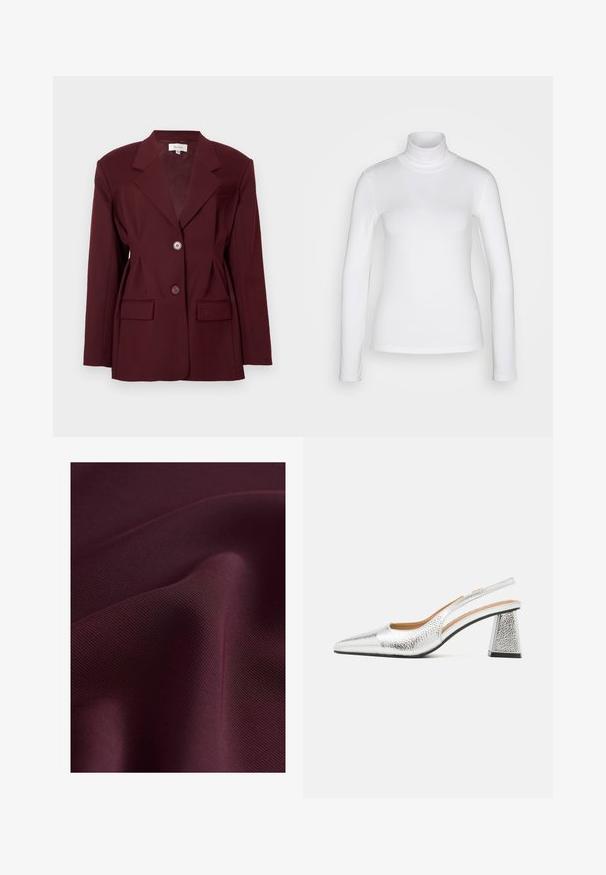 Blazer bordeaux con rever a punte, due bottoni e due tasche frontali. Tessuto liscio con una vestibilità strutturata e dettagli minimi.; Maglione bianco a maniche lunghe con collo alto, realizzato in un tessuto liscio e elastico. Presenta una vestibilità aderente e un colletto alto. Nessun motivo o accento visibile.; Next ELASTICATED BACK WIDE REGULAR FIT - Pantaloni - burgundy red; Pump slingback argento con punta affusolata, finitura metallica testurizzata e tacco a blocco triangolare. Gli interni presentano dettagli in pelle marrone.