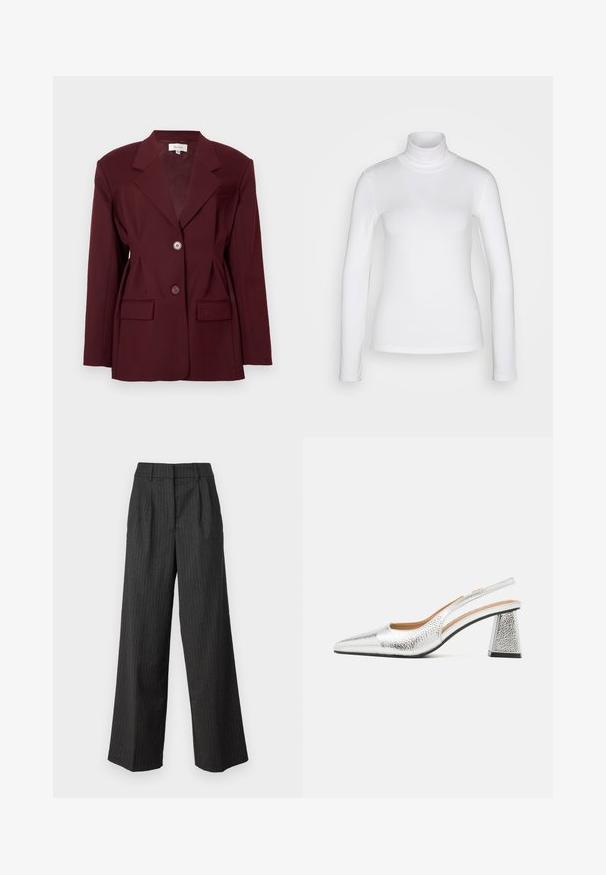 Blazer bordeaux con rever a punte, due bottoni e due tasche frontali. Tessuto liscio con una vestibilità strutturata e dettagli minimi.; Maglione bianco a maniche lunghe con collo alto, realizzato in un tessuto liscio e elastico. Presenta una vestibilità aderente e un colletto alto. Nessun motivo o accento visibile.; Pantaloni a vita alta e gamba larga in grigio scuro con sottili righe verticali. Presentano un aspetto sartoriale e una texture morbida. Dettaglio plissettato sul davanti.; Pump slingback argento con punta affusolata, finitura metallica testurizzata e tacco a blocco triangolare. Gli interni presentano dettagli in pelle marrone.