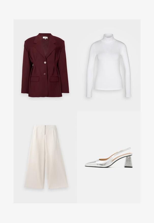 Bordo sako s oblikovanim reverom, dva gumba i dva prednja džepa. Glatka tkanina sa strukturiranim krojem i minimalnim detaljima.; Bijela majica s dugim rukavima i visokim vratom od glatkog, rastezljivog materijala. Ima uski kroj i visoki ovratnik. Nema vidljivih uzoraka ili detalja.; Bež hlače širokih nogavica izrađene od glatkog materijala, s visokim strukom, bočnim džepovima i čistim, minimalističkim dizajnom.; Srebrni slingback cipelama s šiljatim prstima, teksturalnim metalik završetkom i trokutastom blok petom. Unutrašnjost sadrži smeđe kožne detalje.