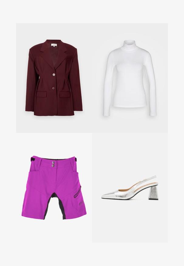 Burgunderfarbener Blazer mit Reverskragen, zwei Knöpfen und zwei vorderen Taschen. Glattes Material mit strukturierter Passform und minimalen Details.; Weißes langärmeliges Rollkragenshirt aus einem glatten, dehnbaren Stoff. Hat eine enganliegende Passform und einen hohen Kragen. Keine sichtbaren Muster oder Akzente.; Lila Outdoor-Shorts mit einem schwarzen Akzent am Saum, zwei Fronttaschen und Druckknöpfen zum Verschließen. Der Text "ENIX" ist seitlich aufgedruckt.; Silberne Slingback-Pumps mit spitzem Zeh, texturaler metallischer Oberfläche und einem dreieckigen Blockabsatz. Das Innere weist braune Lederdetails auf.
