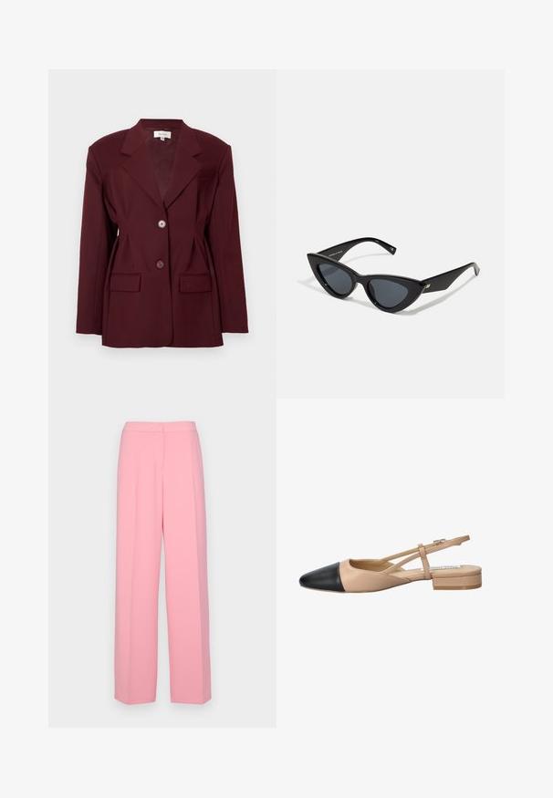 Burgunderfarbener Blazer mit Reverskragen, zwei Knöpfen und zwei vorderen Taschen. Glattes Material mit strukturierter Passform und minimalen Details.; Schwarzes und crèmefarbenes, gestreiftes Tanktop mit taillierter Passform, das dicke horizontale Streifen und ein zentriertes Logo auf der Vorderseite zeigt. Weicher Strickstoff.; Rosa weite Hosen aus glattem Stoff, mit hoher Taille, gefaltetem Vorderteil und ohne sichtbare Taschen oder Verzierungen.; Beige und schwarze zweifarbige Slingback-Schuhe mit spitzer Zehenpartie, flachem Absatz und gekreuztem Riemendetail. Glattes Lederfinish.; Schwarz glänzende Cat-Eye-Sonnenbrille mit einem Rahmen aus Kunststoff, dunklen Gläsern und goldenen Akzenten an den Bügeln. Winkeliges Design mit eleganten Linien.