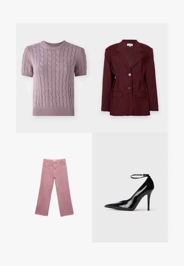 Burgundy blazer with notched lapels, two buttons, and two front pockets. Smooth fabric with a structured fit and minimal detailing.; Short-sleeve, cable-knit sweater in light purple. Features a ribbed neckline and hem, with a textured pattern throughout the body.; Pink long-sleeve blouse with a white collar, featuring a rose accent, button closure, and elastic cuffs. Made from lightweight fabric.; Pink wide-leg jeans made from denim, featuring a high waist, front pockets, and subtle stitching details. Smooth texture with no patterns.; Black patent leather high heel pump with pointed toe, ankle strap, and a sleek, glossy finish. Stiletto heel completes the elegant design.