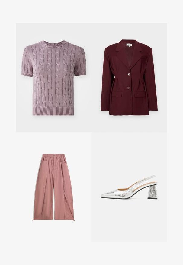 Burgundy blazer with notched lapels, two buttons, and two front pockets. Smooth fabric with a structured fit and minimal detailing.; Short-sleeve, cable-knit sweater in light purple. Features a ribbed neckline and hem, with a textured pattern throughout the body.; Loose-fitting, high-waisted pants in soft rose pink fabric. Features elastic waistband, two side pockets, and a smooth, textured finish.; Silver slingback pump with a pointed toe, textural metallic finish, and a triangular block heel. Interior features brown leather details.
