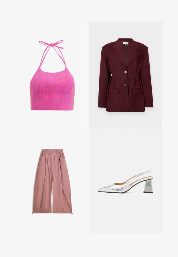 Bordowy żakiet z klapami, na dwa guziki i dwoma przednimi kieszeniami. Gładki materiał o dopasowanym kroju i minimalnym wykończeniu.; Różowy, krótkie top halter w miękkiej, żebrowanej fakturze z cienkimi ramiączkami i pomarańczowym akcentem. Posiada haftowane logo marki z przodu.; Luźne, wysokie spodnie w delikatnym różowym kolorze, wykonane z miękkiej tkaniny. Posiadają elastyczny pas, dwie boczne kieszenie oraz gładkie, fakturowane wykończenie.; Srebrne czółenka slingback z wąskim noskiem, metalicznym wykończeniem oraz trójkątnym obcasem blokowym. Wnętrze zdobione brązowymi skórzanymi detalami.