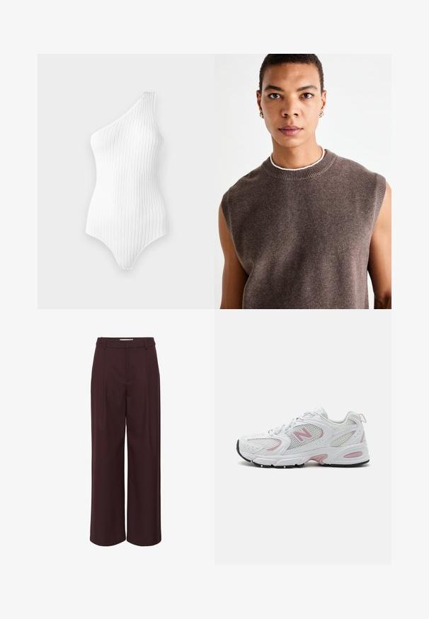 Burgunderfarbener Blazer mit Reverskragen, zwei Knöpfen und zwei vorderen Taschen. Glattes Material mit strukturierter Passform und minimalen Details.; Weißes, geripptes Ein-Schulter-Bodysuit mit senkrechten Streifen. Glatte Textur und figurbetontes Design, mit einem hochgeschnittenen Bein und minimalem Ausschnitt.; Weite Hosen in tiefem Burgunderrot, aus einem glatten Stoff gefertigt. Verfügt über eine hohe Taille mit Falten und einfachen Gürtelschlaufen für einen maßgeschneiderten Look.; Weiße Sportschuhe mit Obermaterial aus Mesh und Synthesematerial, pinken Akzenten, gepolstertem Kragen und schwarzer Gummisohle. Mit sichtbaren Perforationen und Logo.; Braunes ärmelloses Strick-T-Shirt mit rundem Ausschnitt, das eine weiche Textur und ein einfaches Design aufweist. Dezente Farbvariationen und minimale Details.