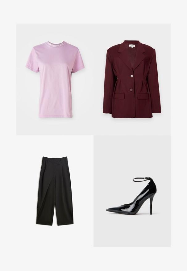Burgunderfarvet blazer med krave og to knapper samt to forlommer. Glat stof med en struktureret pasform og minimal detaljer.; Lyserød kortærmet t-shirt med rund halsudskæring og teksten "THE NORTH FACE" i hvid på kraven. Blødt bommateriale.; Sorte vidde bukser lavet af glat stof. Har en frontfold, knaplukning og en skræddersyet talje for en strømlinet pasform.; Sorte patenterede læder højhælede pumps med spids tå, ankelrem og en slank, blank overflade. Stiletto-hælen fuldender det elegante design.