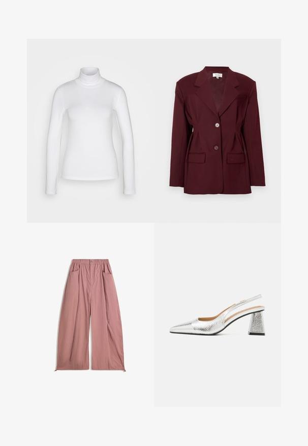 Bordeaux blazer met revers, twee knopen en twee voorzakken. Glad fabric met een gestructureerde pasvorm en minimale detaillering.; Witte langemouwen turtle neck shirt van een soepel, rekbaar stof. Heeft een strakke pasvorm en een hoge kraag. Geen zichtbare patronen of accenten.; Losse, hooggewaiste broeken van zacht rozenroze stof. Kenmerken elastische tailleband, twee zijzakken en een gladde, gestructureerde afwerking.; Zilveren slingback pump met een spitse neus, textuur metallic afwerking en een driehoekige blokhak. Binnenkant met bruine leren details.