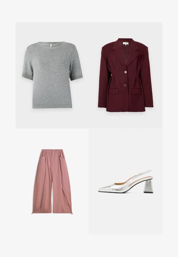 Burgundy blazer with notched lapels, two buttons, and two front pockets. Smooth fabric with a structured fit and minimal detailing.; Gray short-sleeve sweater featuring a crew neck and scattered white pearl-like accents. Soft knit texture with ribbed hem and sleeves.; Loose-fitting, high-waisted pants in soft rose pink fabric. Features elastic waistband, two side pockets, and a smooth, textured finish.; Silver slingback pump with a pointed toe, textural metallic finish, and a triangular block heel. Interior features brown leather details.