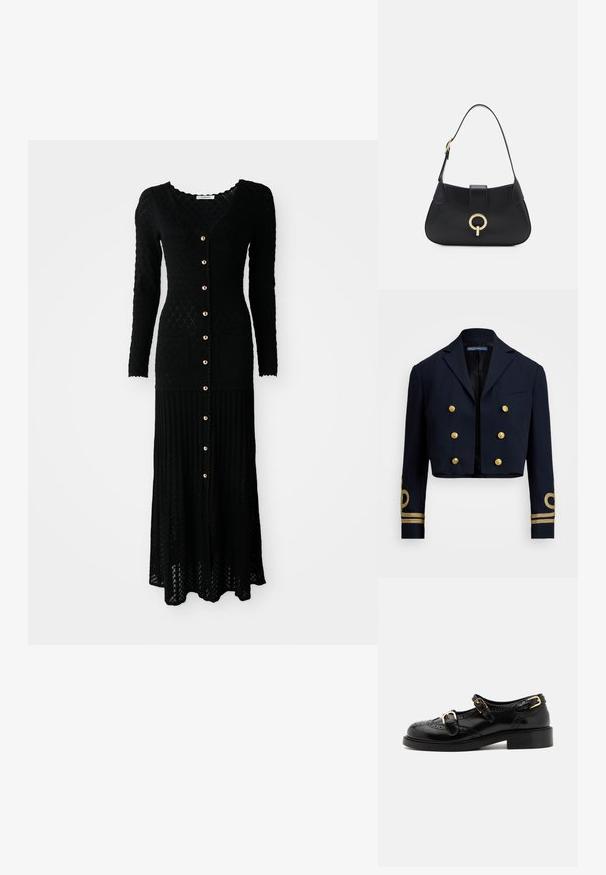 Giacca corta navy realizzata in tessuto liscio, con bottoni dorati doppi e dettagli ricamati dorati sulle maniche.; Abito maxi a maglia nera con maniche lunghe, scollatura a V, chiusura con bottoni frontali, texture a coste, motivo a rombi e due tasche anteriori. Dettagli in bottoni dorati.; Scarpe in pelle nera con dettagli brogue, dotate di due cinturini con fibbia, punta arrotondata e tacco basso. Texture liscia con finitura lucida.; Borsa a tracolla in pelle nera con silhouette curva, manico corto, hardware centrale in tonalità oro e texture liscia. Nessun motivo o dettaglio visibile.