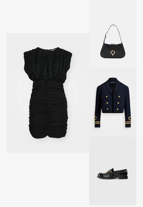 Mornarska kratka jakna iz gladkega blaga, s zlatimi dvorednimi gumbi in z zlatimi vezenimi detajli na rokavih.; Črna obleka z nabranimi teksturami, kratkimi puhastimi rokavi in prožnimi detajli v predelu pasu. Mehka, lahka tkanina v oprijetem silhueti.; Črne usnjene loferice z debelim sijajem, opremljene z dvema zlatima zaponkama in nizko peto. Gladka tekstura z zaobljeno obliko prstov.; Črna usnjena torbica s ukrivljeno silhueto, kratkim ročajem, centralno zlatim okrasom in gladko teksturo. Brez vidnih vzorcev ali dodatkov.