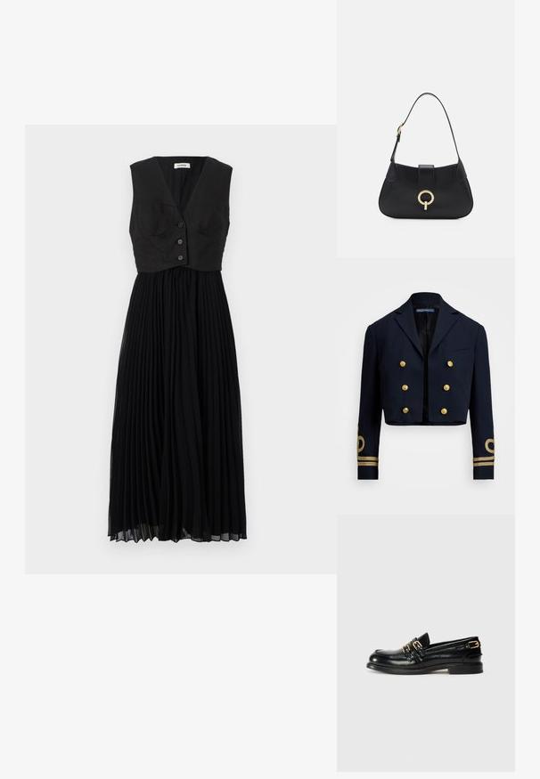 Námořnická zkrácená bunda vyrobená z hladké tkaniny, s dvojitými zlatými knoflíky a zlatě vyšívanými akcenty na rukávech.; Černé plisované šaty s přiléhavým živůtkem ve stylu vesty, s výstřihem do V a třemi předními knoflíky, vyrobené z lehké tkaniny.; Černé kožené mokasíny s lesklým povrchem, se dvěma zlatými přezkami a nízkým podpatkem. Hladká textura s kulatou špičkou.; Černá kožená kabelka s zakřiveným siluetou, krátkým popruhem, centrálním zlatým kováním a hladkým povrchem. Bez viditelných vzorů nebo akcentů.