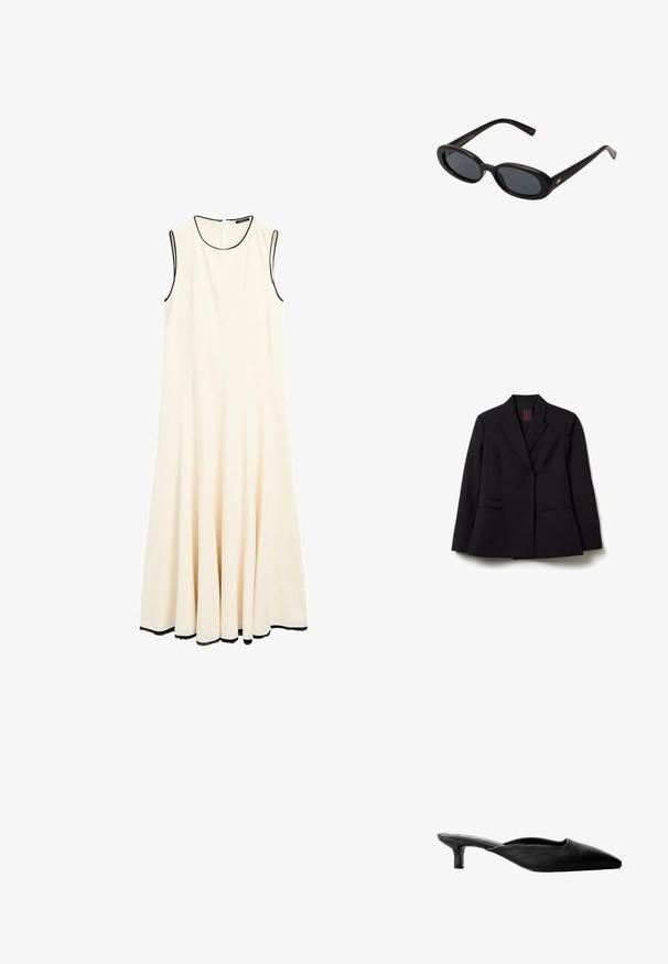 Schwarzer taillierter Blazer mit Reverskragen, langen Ärmeln und zwei aufgesetzten Taschen vorne, flach auf weißem Hintergrund ausgelegt.; Ärmelloses, knielanges Kleid aus cremefarbenem Stoff mit runder Ausschnittlinie und schwarzem Besatz an den Kanten. Ausgestellter Rock für zusätzlichen Schwung.; Schwarze Leder-High-Heels mit spitzer Zehenform, offenem Rückenteil und niedrigem Blockabsatz. Glatte Oberfläche mit minimalistischem Design.; Schwarze, oversized Sonnenbrillen mit ovalen Gläsern, glattem Kunststoffrahmen und goldenen Akzenten an den Bügeln. Die dunklen Gläser bieten Sonnenschutz.; Schwarze gewebte Leder-Clutch im rechteckigen Design, ausgestattet mit einem dünnen Griff und dezenten goldfarbenen Hardware-Details.