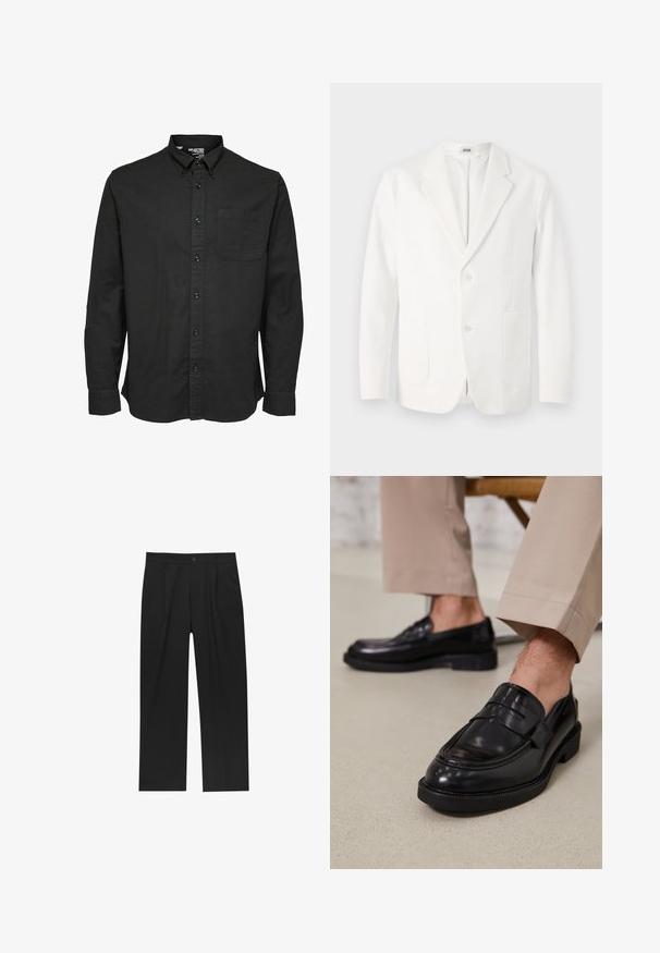 Sacou alb dintr-un material neted, cu rever în formă de v, două butoane și două buzunare frontale. Design simplu, croit cu precizie.; Cămașă neagră cu mânecă lungă, din bumbac, cu guler standard, buzunar frontal și nasturi negri asortați.; Pantaloni negri cu un design drept, fabricați dintr-un material neted. Au plisse în față și un sistem de închidere cu un singur buton la talie.; Loafers negre din piele cu o finisare netedă, având o curea decorativă și cusături contrastante, asortați cu pantaloni bej.