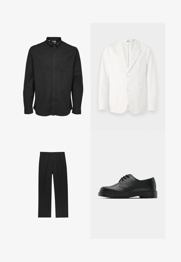 Blazer bianco in tessuto liscio, con rever a punta, due bottoni e due tasche frontali. Design semplice e sartoriale.; Camicia nera a maniche lunghe con bottoni in tessuto di cotone, caratterizzata da un colletto classico, tasca frontale e bottoni neri abbinati.; Pantaloni neri con un design a gamba dritta, realizzati in un tessuto liscio. Presentano pieghe frontali e una chiusura a un bottone in vita.; Scarpa oxford in pelle nera con design con lacci, punta arrotondata, suola piatta in gomma e dettagli di cucitura discreti lungo la parte superiore.