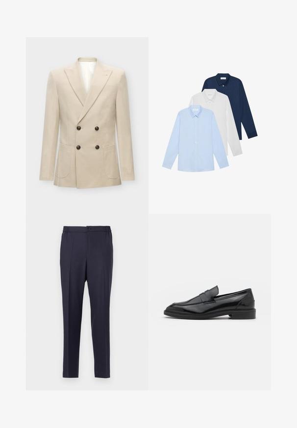 Beige double-breasted blazer made from linen blend fabric. Features two front pockets and black buttons. Clean, structured design with sharp lapels.; Three long-sleeve shirts: light blue, white, and navy. All have a classic collar and button-down front, made of smooth fabric.; Navy blue trousers with a flat front, elastic waistband, and button closure. Straight cut and smooth texture, suitable for formal or casual wear.; Black leather loafers with a smooth finish, featuring a rounded toe and a narrow band across the upper. Low stacked heel.