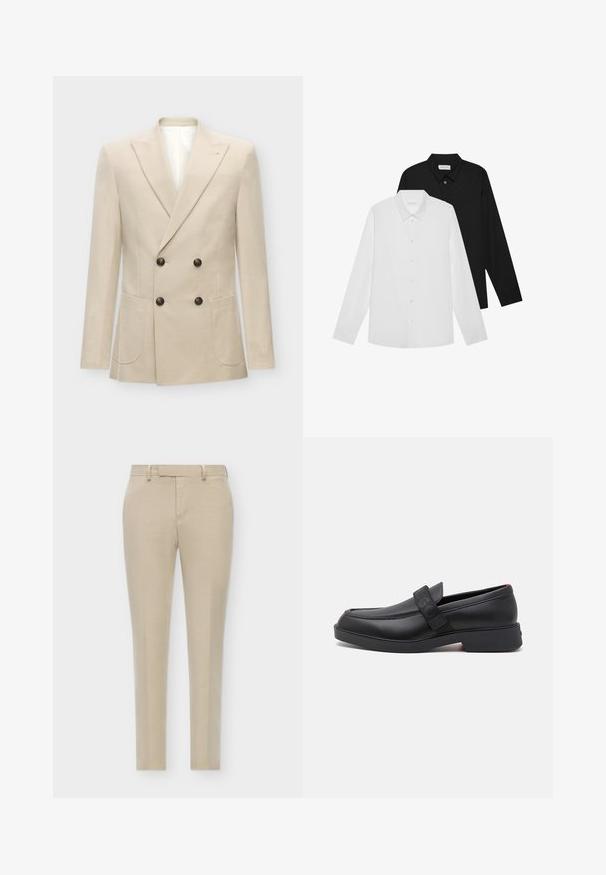Beige dobbeltradet blazer laget av en blanding av lin. Har to frontlommer og svarte knapper. Rent, strukturert design med spisse revers.; Hvite og svarte langermede skjorter med spisse krager, frontknapper og en glatt tekstur. Merker synlige på innsiden av halsen.; Beige skreddersydde bukser med slim fit, med flat front, diskrete sidelommer og et glatt, strukturert stoff.; Sorte slip-on sko laget av glatt lær, med tykk såle, bånddetalj over vristen og en subtil logoakse.