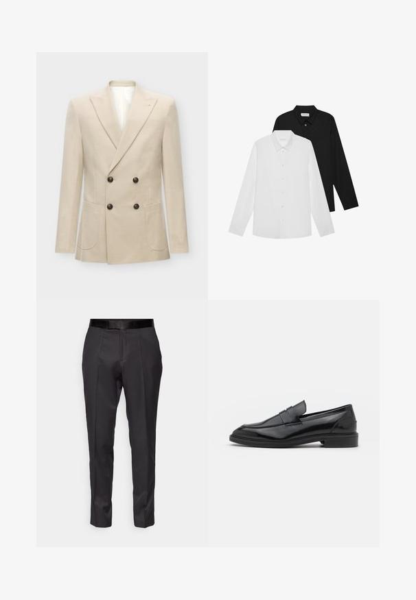 Bēšs dubultā krūšutējs, izgatavots no lina auduma maisījuma. Tam ir divas priekšējās kabatas un melni pogas. Ārkārtīgi sakārtots dizains ar asām atlokām.; Baltas un melns garām piedurknēm krekls ar norādītām apkaklēm, priekšējiem pogām un gludu auduma tekstūru. Etiķetes redzamas iekšējā kakla daļā.; Melnas uzvalka bikses ar šauru piegriezumu, plakanu priekšpusi un smalku spīdumu. Aprīkotas ar gludu melnu jostu un krokas detaļām gar kājām.; Melnas ādas loafers ar gludu virsmu, ar noapaļotu purngalu un šauru joslu pāri augšdaļai. Zems kaudzes papēdis.