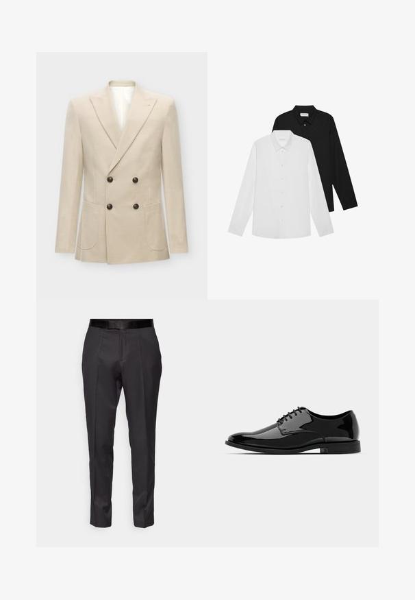Beige dupla gombos blézer vászonkeverék anyagból készült. Két elülső zsebbel és fekete gombokkal rendelkezik. Tiszta, strukturált kialakítás éles hajtókákkal.; Fehér és fekete hosszú ujjú ingek hegyes gallérral, elöl gombokkal és sima anyagtextúrával. Címkék láthatók a nyak belső oldalán.; Fekete, karcsú szabású nadrág lapos elülső résszel és finom fényes felülettel. Simaságot biztosító fekete derékszíjjal és redőzött részletekkel a lábak mentén.; Fekete lakkbőr félcipő lekerekített orral, fűzős kialakítással és sima, fényes felülettel. Alacsony profilmagasságú gumitalppal rendelkezik.