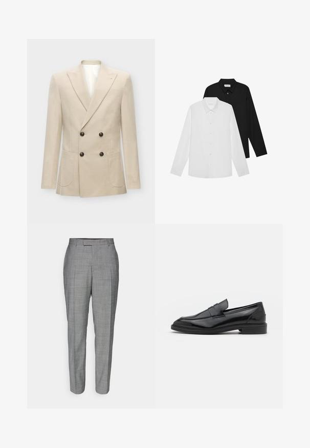 Beige double-breasted blazer made from linen blend fabric. Features two front pockets and black buttons. Clean, structured design with sharp lapels.; White and black long-sleeve shirts with pointed collars, front buttons, and a smooth fabric texture. Labels visible on the inside neck.; Gray tailored trousers featuring a subtle check pattern, straight cut, and smooth texture with a flat front and belt loops.; Black leather loafers with a smooth finish, featuring a rounded toe and a narrow band across the upper. Low stacked heel.