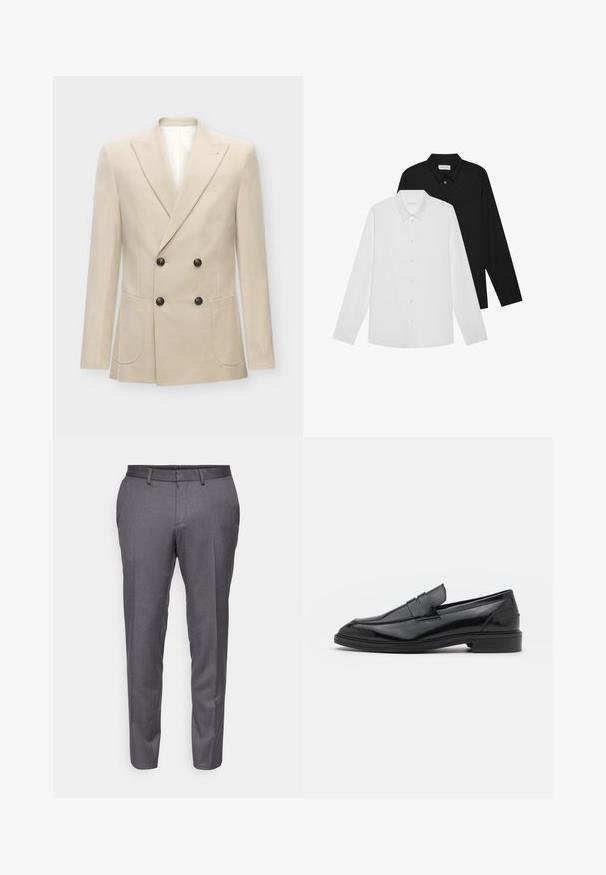 Bežna dvoredna blazer jakna izdelana iz mešanice lana. Ima dva sprednja žepa in črne gumbe. Čista, strukturirana zasnova z ostrimi reverji.; Bela in črna dolga majica z dolgimi rokavi, s koničastimi ovratniki, sprednjimi gumbi in gladko teksturo tkanine. Oznake vidne na notranji strani vratu.; Sive hlače po meri iz teksturirane tkanine, z naravnim krojem in diskretnimi gubami spredaj.; Črne usnjene loafersice z gladko površino, s zaobljenim prstom in ozkim pasom čez zgornji del. Nizek zložen petek.