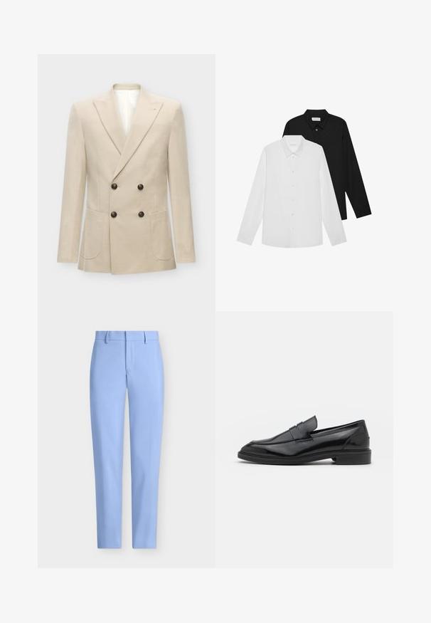 Bēšs dubultā krūšutējs, izgatavots no lina auduma maisījuma. Tam ir divas priekšējās kabatas un melni pogas. Ārkārtīgi sakārtots dizains ar asām atlokām.; Baltas un melns garām piedurknēm krekls ar norādītām apkaklēm, priekšējiem pogām un gludu auduma tekstūru. Etiķetes redzamas iekšējā kakla daļā.; Gaiši zili pielāgoti bikses ar gludu tekstūru, taisnas kāju dizainu un priekšējo kabatu. Iekļautas jostas cilpas un rāvējslēdzēja aizdare.; Melnas ādas loafers ar gludu virsmu, ar noapaļotu purngalu un šauru joslu pāri augšdaļai. Zems kaudzes papēdis.