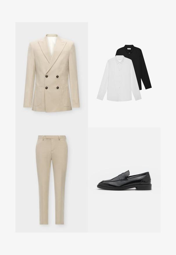 Blazer bege de dois botões feito de um tecido em mistura de linho. Apresenta dois bolsos frontais e botões pretos. Design limpo e estruturado com lapelas afiadas.; Camisas de mangas compridas brancas e pretas com colarinhos pontiagudos, botões frontais e uma textura de tecido suave. Etiquetas visíveis na parte interna do colarinho.; Calças bejas sob medida com um corte slim, apresentando uma frente lisa, bolsos laterais discretos e um tecido liso e texturizado.; Mocassins de couro preto com um acabamento suave, apresentando uma ponta arredondada e uma faixa estreita na parte superior. Salto baixo empilhado.