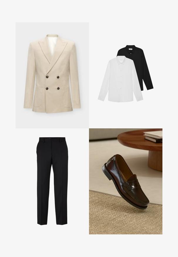 Beige dobbeltradet blazer laget av en blanding av lin. Har to frontlommer og svarte knapper. Rent, strukturert design med spisse revers.; Hvite og svarte langermede skjorter med spisse krager, frontknapper og en glatt tekstur. Merker synlige på innsiden av halsen.; Sorte dressbukser med en skreddersydd passform, rette ben, beltehemper, og uten synlige mønstre eller dekorasjoner. Klassisk design.; Brune lærloafers med en blank finish, med en sydd detalj over forsiden og en lavprofil svart gummisåle.