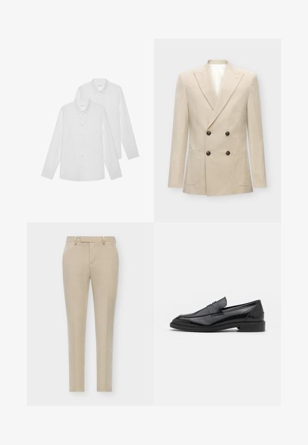 Beige double-breasted blazer made from linen blend fabric. Features two front pockets and black buttons. Clean, structured design with sharp lapels.; Two white long-sleeve button-up shirts made of smooth fabric, featuring a classic collar and button-down front, with a uniform texture.; Beige tailored trousers with a slim fit, featuring a flat front, discreet side pockets, and a smooth, textured fabric.; Black leather loafers with a smooth finish, featuring a rounded toe and a narrow band across the upper. Low stacked heel.