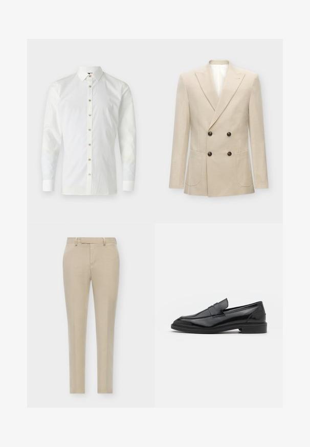 Beige dubbelknäppt kavaj tillverkad av linneblandat tyg. Har två framfickor och svarta knappar. Ren, strukturerad design med skarpa slag.; Vit långärmad skjorta i slät tyg, med spetsig krage, knappstängning framtill med ljusbruna knappar och manschetter.; Beiga skräddarsydda byxor med slim fit, med flat front, diskreta sidfickor och en jämn, texturerad tyg.; Svarta läderloafers med en slät finish, med rund tå och en smal rem över framsidan. Låg klack.