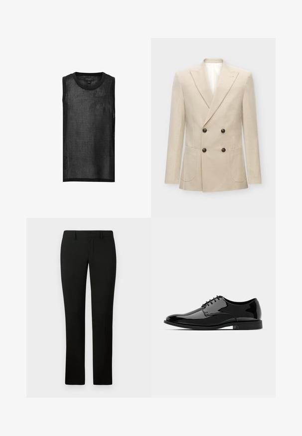 Bež kaheline jakker, mis on valmistatud linase segumaterjalist. Omab kahte esist taskut ja musti nööpe. Puhtad, struktureeritud jooned terava kraega.; Must have must kaelust sossik ei ole ja see toob esile ruudustiku mustri, ümmarguse kaeluse ja toores servad. Kerge ja hingav kangas, millel on vabalt langev lõige.; Mustad püksid kohandatud lõikega, sileda tekstuuri ja sirge säärega disainiga. Vöökoht on varustatud vöörihmadega ja puhta viimistlusega.; Mustan läikiva nahast kleitking, millel on ümar varvas, nööridega disain ja sile, läikiv pind. Omab madalat kummitalda.