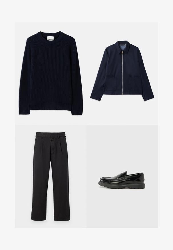 Tumesinine jakk, millel on lukuga sulgemine, terav krae ja kaks esikotti. Sile kangas, kohandatud, lühendatud disain. Kuldne aksessuaaride viimistlus.; Tumesinine ribaga kudum särk ümmarguse kaelusega ja pikkade varrukatega. Omab sirget lõpposa ja tekstuuriga mustrit üle kogu pinna.; Mustad puuvillased püksid, sirge lõikega, pleated esiosaga, vöökonksude ja nööbilukuga. Sile tekstuur ilma mustriteta.; Must musta nahk loafer läikiva viimistlusega, ümar varvas, delikaatsed õmblusdetailid ja paks kummist tallad vastupidavuse tagamiseks.