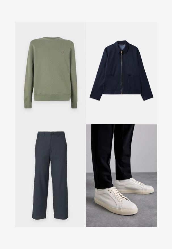 Navy blue jacket featuring a zip closure, pointed collar, and two front pockets. Smooth fabric with a tailored, cropped design. Gold hardware accents.; Olive green sweatshirt made of soft cotton blend. Features long sleeves, a round neck, and a small embroidered logo on the chest.; Navy blue trousers made of smooth fabric, featuring a straight-leg cut, two front pockets, and a single button closure.; Light beige leather sneakers with flat laces, a textured surface, and a contrasting cream-colored rubber sole, paired with black tapered pants.