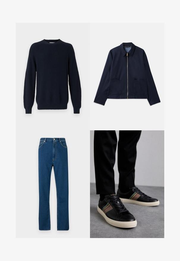 Tamsiai mėlynas švarkas su užtrauktuku, siauru apykakle ir dviem priekinėmis kišenėmis. Lygus audinys su pritaikytu, trumpu dizainu. Auksiniai aksesuarai.; Tamsiai mėlynas mezginys megztinis su tekstūruotu dizainu, apvalia iškirpte ir ilgomis rankovėmis, turintis pūkuotas apykakles ir sijoną.; Mėlynos džinsinės kelnės su aukšta juosmens linija, tiesaus kirpimo, penkių kišenių stiliumi ir kontrastingomis oranžinėmis siūlėmis. Lygi tekstūra.; Juodi odiniai sportbačiai su daugiaspalviais juostuotais akcentais, apvaliu pirštu ir baltais gumos padais, su raišteliais ir įspaustu ženklu.