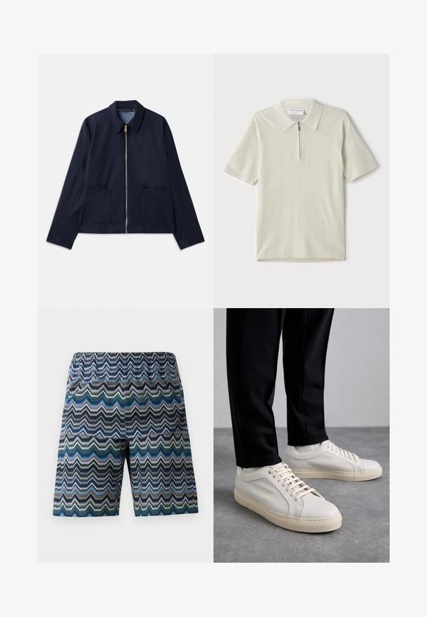 Casaco azul-marinho com fecho de zip, gola pontiaguda e dois bolsos frontais. Tecido suave com um design ajustado e cropped. Detalhes em metal dourado.; Polo de manga curta em bege claro com colarinho com fecho. Feito de um tecido suave, apresenta um design simples e moderno, sem padrões.; calções de homem com um padrão em zigue-zague nas cores azul, verde e preto. Cintura elástica, corte até aos joelhos e tecido leve.; Tênis de couro bege claro com atacadores planos, uma superfície texturizada e uma sola de borracha creme contrastante, combinados com calças pretas ajustadas.