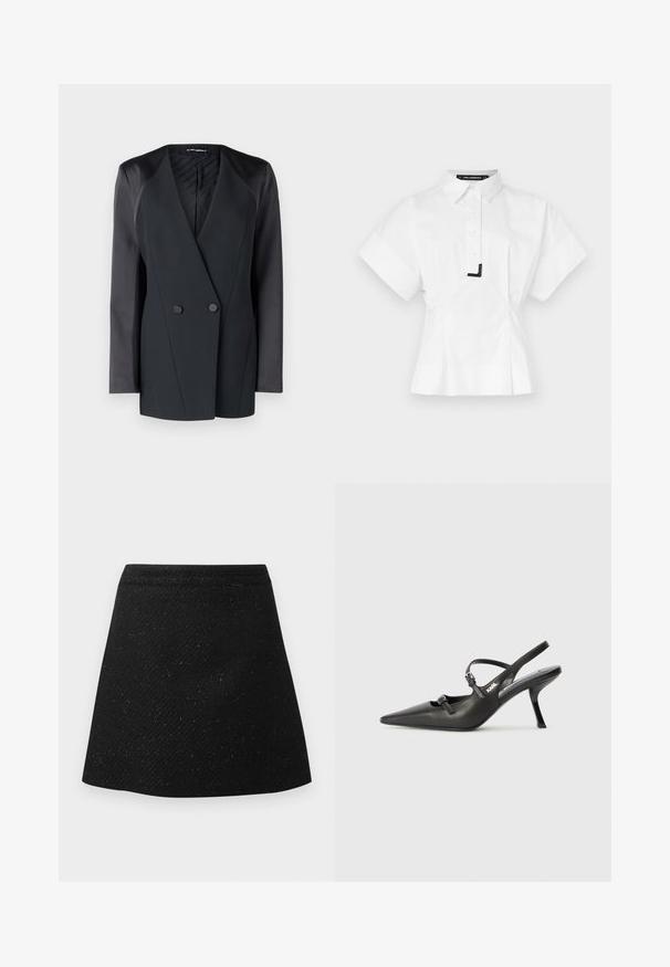 Juodas dublis su dviem mygtukais, turintis struktūrizuotą siluetą, satino peties akcentus ir tekstūruotą vidinį pamušalą. Lygus audinys su tvarkingomis linijomis.; Balta trumpa rankovėmis marškiniai su apykaklės iškirpte, turintys priekinį mygtukų užsegimą ir juodą akcentą apykaklėje. Pritaikytas kirpimas.; Juodas sijonas, pagamintas iš tekstūruoto audinio, turintis prigludusią liemenį ir platėjantį dizainą. Paprasta, vientisa spalva be matomų raštų ar akcentų.; Juodi odiniai slingback kulniukai su smailiu pirštu, siauru kulnu ir dekoratyvine sagtimi viršuje. Lygus paviršius ir elegantiškas dizainas.
