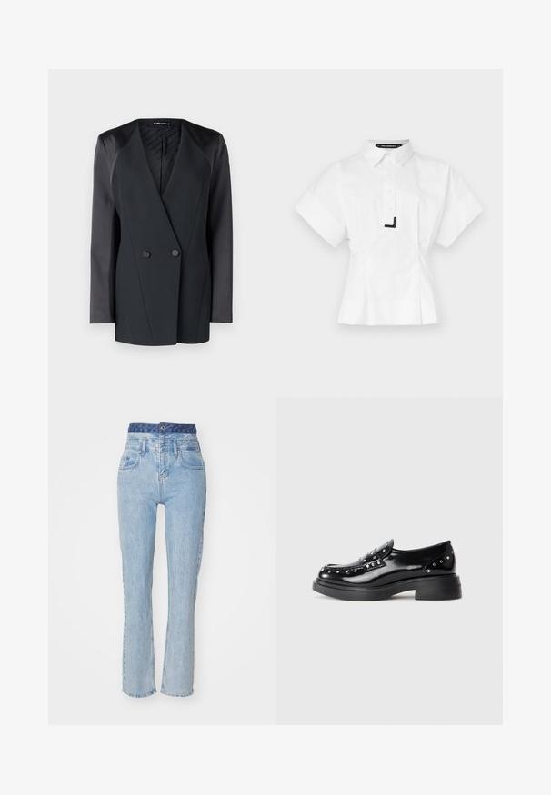 Juodas dublis su dviem mygtukais, turintis struktūrizuotą siluetą, satino peties akcentus ir tekstūruotą vidinį pamušalą. Lygus audinys su tvarkingomis linijomis.; Balta trumpa rankovėmis marškiniai su apykaklės iškirpte, turintys priekinį mygtukų užsegimą ir juodą akcentą apykaklėje. Pritaikytas kirpimas.; Šviesiai mėlynos džinsinės kelnės su aukštu liemeniu, šiek tiek platėjančiomis kojomis ir raštuotu mėlynu liemeniu. Yra priekinės kišenės ir mygtukų uždarymas.; Juodi lakiniai loafery batai su dekoratyviniais sidabro studais, apvalia nosimi, mažu blokuotu kulnu ir glotnia blizgia tekstūra.