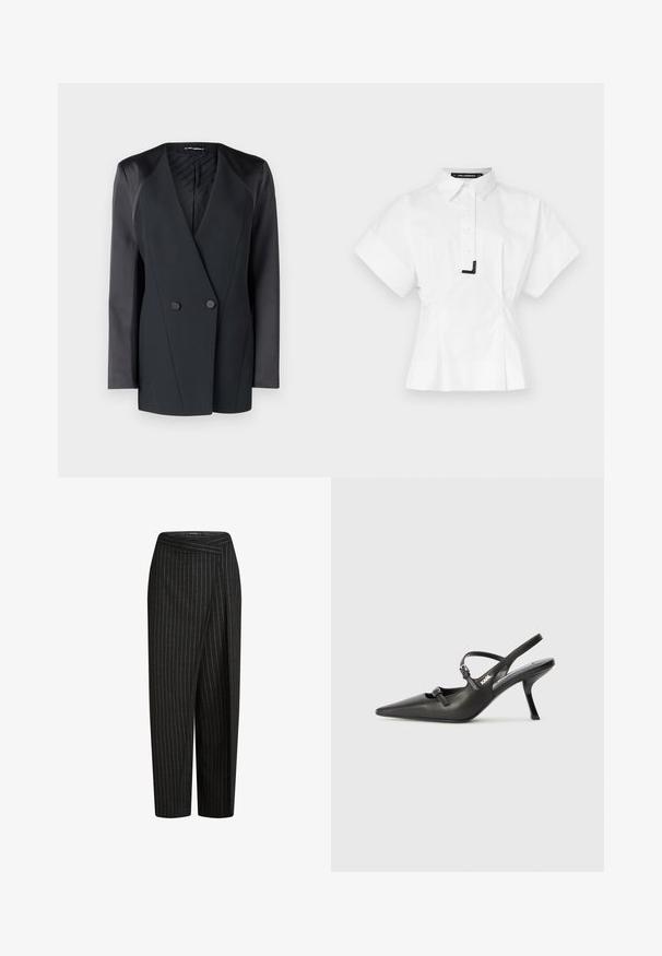 Mustmust valge jope, millel on struktureeritud siluett, satiinist õlavarre aktsendid ja tekstureeritud vooder. Sile kangas, millel on puhtad jooned.; Valge lühikeste varrukatega särk, millel on kraega kaelus, ees on nupulukustus ja krael on must aksentdetail. Kohandatud istuvus.; Mustade triibulised püksid laia säärega disainiga, millel on lühendatud pikkus ja volditud vöökoht, et saavutada ülihästi istuv välimus. Pehme kangastekstuuri.; Must musta slingback kontsad, terava nina, peenike konts ja dekoratiivne pandla detail peal. Sile tekstuur ja stiilne disain.