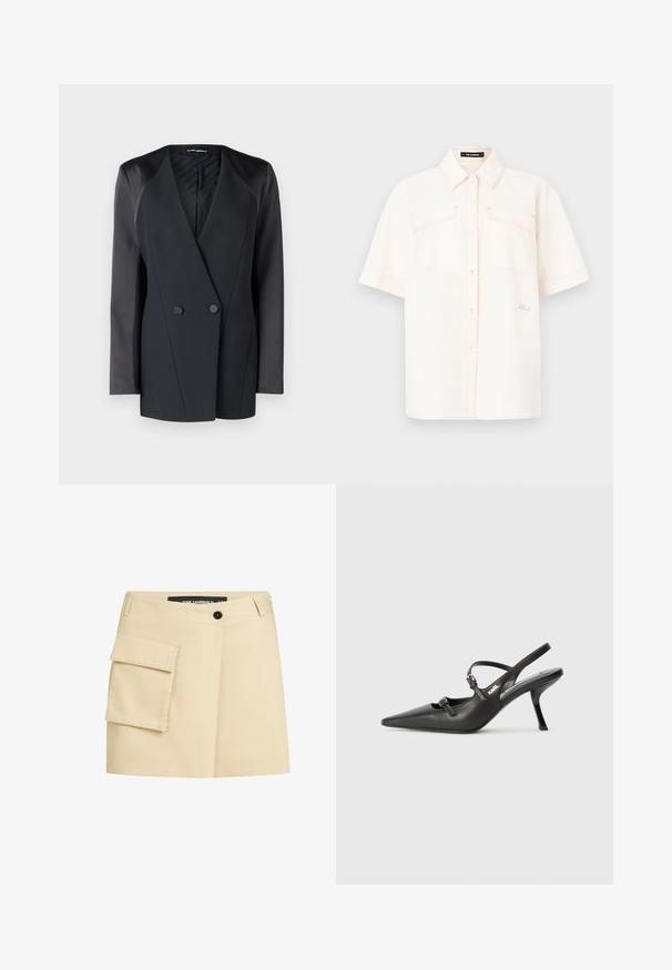 Mustmust valge jope, millel on struktureeritud siluett, satiinist õlavarre aktsendid ja tekstureeritud vooder. Sile kangas, millel on puhtad jooned.; Lühikeste varrukatega, kreemivärvi särk kerge kangaga, millel on kaks eesmist taskut, nööbiga sulgemine ja kontrastne õmblus.; Bež seelik, millel on istuv vöökoht, ees nupulukk ja vasakul küljel kaubapocket. Sile kangas koos kohandatud disainiga.; Must musta slingback kontsad, terava nina, peenike konts ja dekoratiivne pandla detail peal. Sile tekstuur ja stiilne disain.
