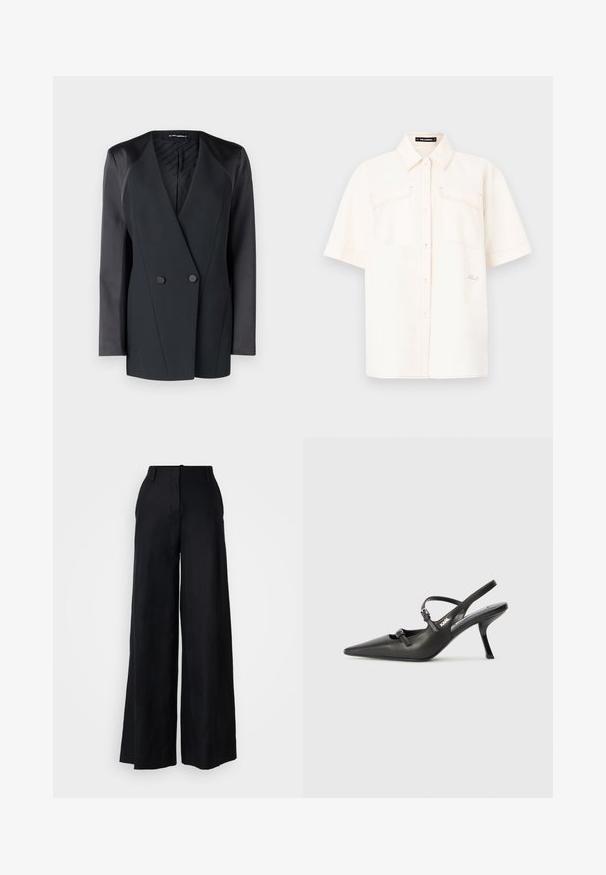 Crni dvostruko kopčani sako sa strukturom, satenskim detaljima na ramenima i teksturiranom unutrašnjosti. Glatka tkanina s urednim linijama.; Majica kratkih rukava krem boje izrađena od laganog materijala, s dva prednja džepa, dizajnom na dugmad i kontrastnim šavovima.; Široke crne hlače od mekanog materijala. Imaju struk srednje visine, prednje nabore i suptilne šavove. Nema vidljivih džepova.; Crne kožne štikle sa otvorenom petom, s uskim vrhom i dekorativnom kopčom na gornjem dijelu. Glatka tekstura i elegantan dizajn.