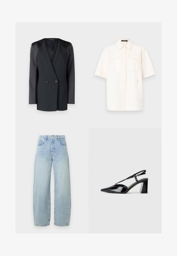 Crni dvostruko kopčani sako sa strukturom, satenskim detaljima na ramenima i teksturiranom unutrašnjosti. Glatka tkanina s urednim linijama.; Majica kratkih rukava krem boje izrađena od laganog materijala, s dva prednja džepa, dizajnom na dugmad i kontrastnim šavovima.; Svijetloplave traper široke hlače s visokim strukom, blago izblijedjele, s pet džepova i zlatnim detaljima. Rub je pravokutan i neuredan.; Crne lakirane kožne cipele s otvorenom petom, visoke potpetice, šiljastog prsta, podesivom trakom i debelim pravokutnim potplatom.