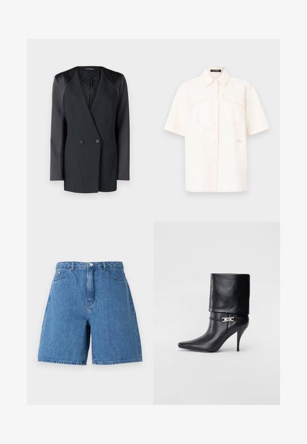 Juodas dublis su dviem mygtukais, turintis struktūrizuotą siluetą, satino peties akcentus ir tekstūruotą vidinį pamušalą. Lygus audinys su tvarkingomis linijomis.; Trumpas rankovės, kreminės spalvos marškiniai, pagaminti iš lengvos medžiagos, su dviem priekinėmis kišenėmis, mygtukų užsegimu ir kontrastinėmis siūlėmis.; Mėlynos džinsinės šortai, turintys aukštą liemenį, du priekiniai kišenių ir klasikinį penkių kišenių dizainą su siuvinėjimo detalėmis.; Juodos odinės kulkšninių botų su smailiu nosiu, aukštu stiletto kulnu, apvyniojamu kraštu ir auksine dekoratyvine sagtimi prie kulkšnies.
