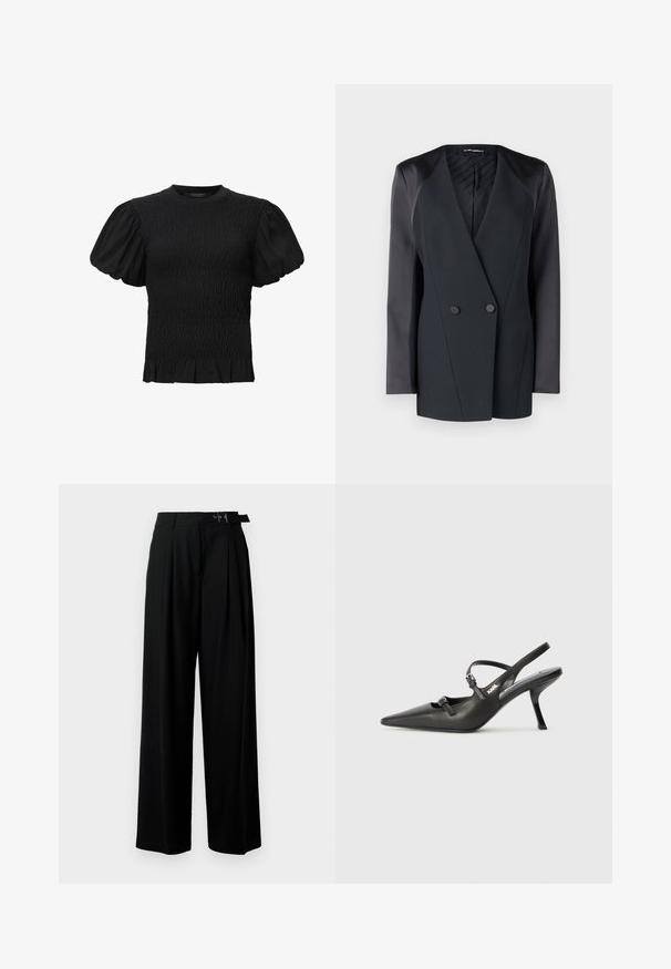 Mustmust valge jope, millel on struktureeritud siluett, satiinist õlavarre aktsendid ja tekstureeritud vooder. Sile kangas, millel on puhtad jooned.; AllSaints DAEL - Pluus - black; Mustad kõrge vöökohaga mustad laiad püksid, millel on ees voldid ja vöö, millel on pandla. Valmistatud siledast ja kergest kangast.; Must musta slingback kontsad, terava nina, peenike konts ja dekoratiivne pandla detail peal. Sile tekstuur ja stiilne disain.